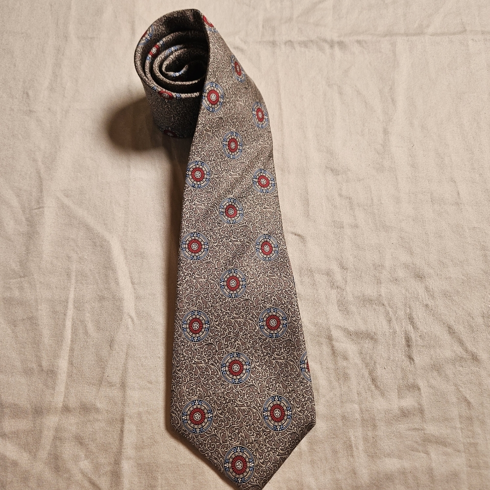 Vintage Christian Dior Silk Tie‎ Red And Blue Medallion Geometric Print